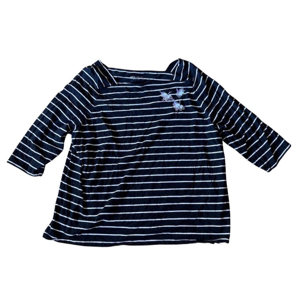 Ava & Viv Womens Blue Stripe 3/4 Sleeve Square Neck Top Size M bird accent bling